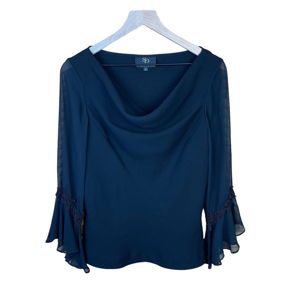 Sandra Darren Women's‎ Black Ruffle Sheer Sleeve Blouse 8 Minimalist Lightweight
